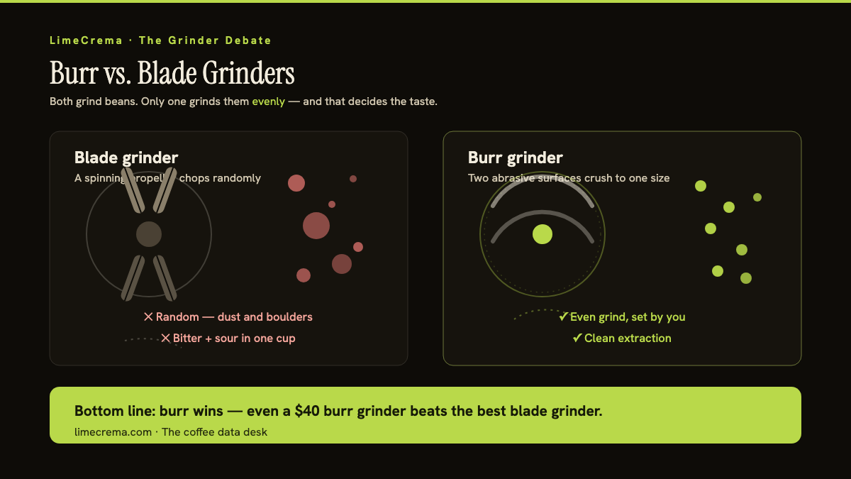 Burr vs blade coffee grinder: blade grinders chop randomly into dust and boulders, burr grinders crush to a uniform size