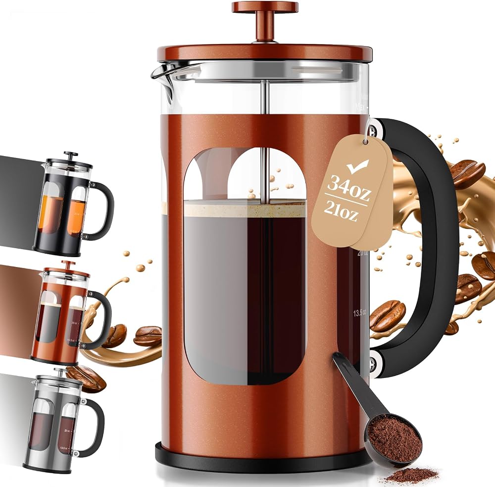 Veken 34oz French Press Coffee Maker, No Plastic Touching Coffee